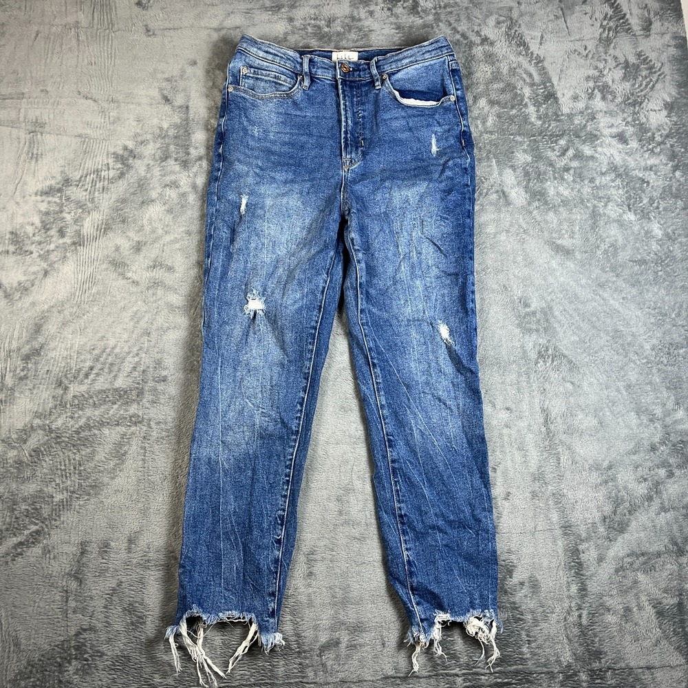 Nicole Miller Nomad Super High Rise Straight Jeans Women 10 Denim Ripped Raw Hem